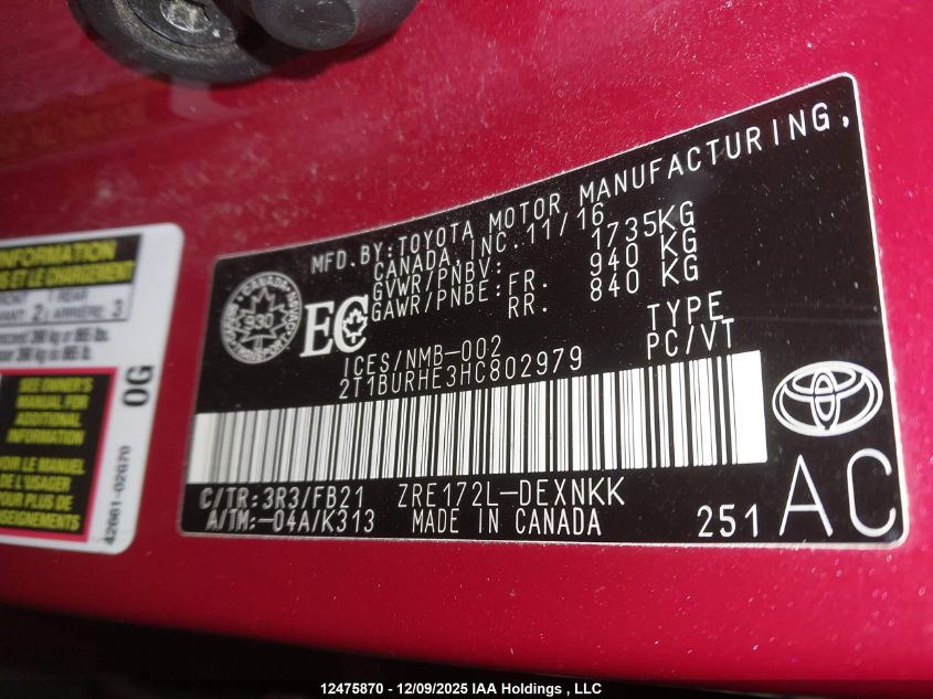 2017 Toyota Corolla L/Le/Xle/Se/Xse VIN: 2T1BURHE3HC802979 Lot: 12475870