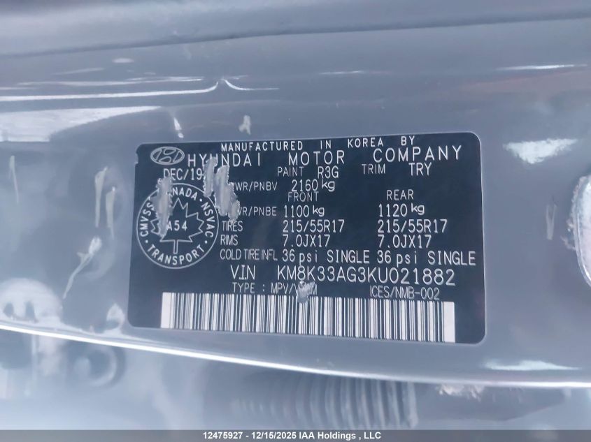 2019 Hyundai Kona Ev Ultimate VIN: KM8K33AG3KU021882 Lot: 12475927