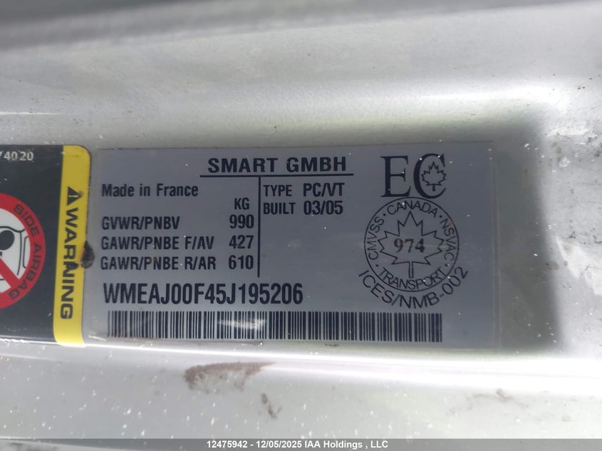 WMEAJ00F45J195206 2005 SMART FORTWO photo no. 9