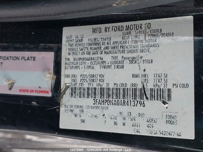 2010 Ford Fusion Se VIN: 3FAHP0HA0AR413796 Lot: 12475955