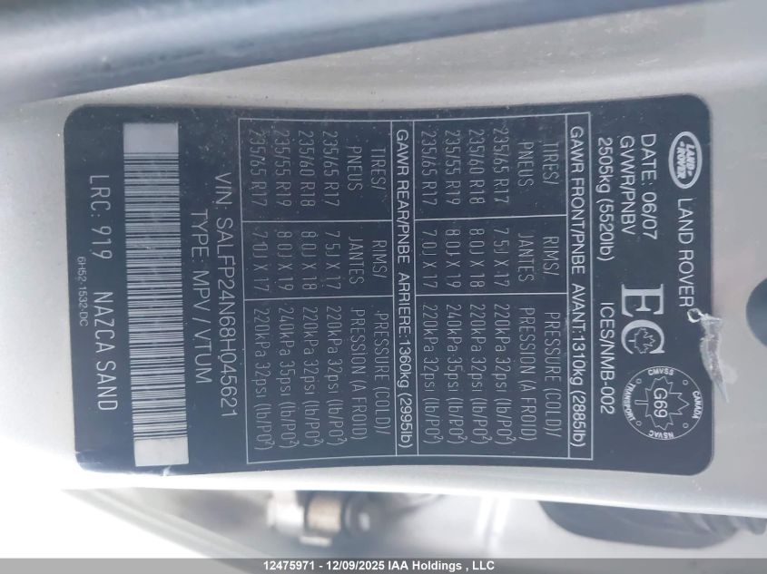 2008 Land Rover Lr2 Hse/Se VIN: SALFP24N68H045621 Lot: 12475971