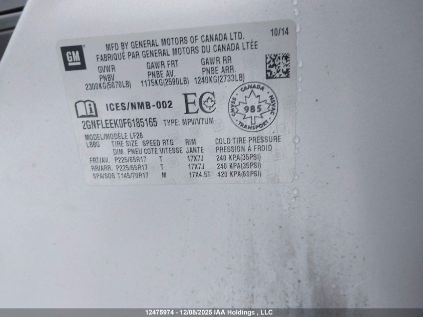 2015 Chevrolet Equinox Ls VIN: 2GNFLEEK0F6185165 Lot: 12475974