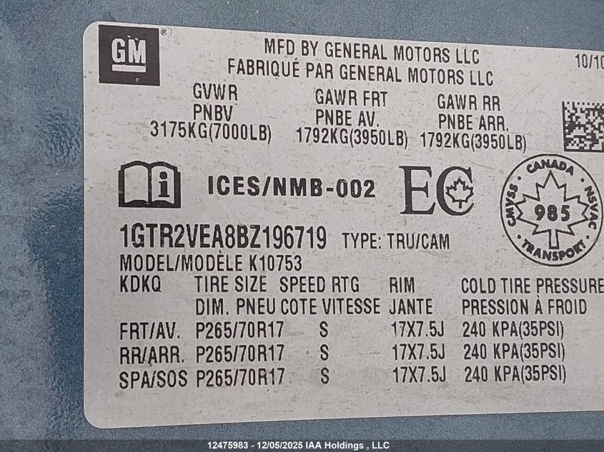 2011 GMC Sierra 1500 Sle VIN: 1GTR2VEA8BZ196719 Lot: 12475983