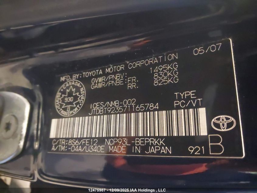 2007 Toyota Yaris VIN: JTDBT923571165784 Lot: 12475987