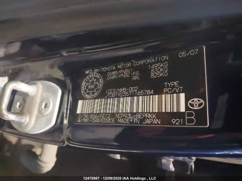 2007 Toyota Yaris VIN: JTDBT923571165784 Lot: 12475987