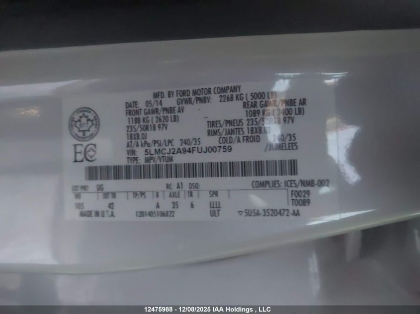 2015 Lincoln Mkc VIN: 5LMCJ2A94FUJ00759 Lot: 12475988