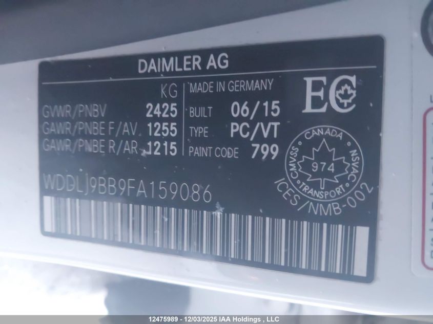 2015 Mercedes-Benz Cls 550 4Matic VIN: WDDLJ9BB9FA159086 Lot: 12475989