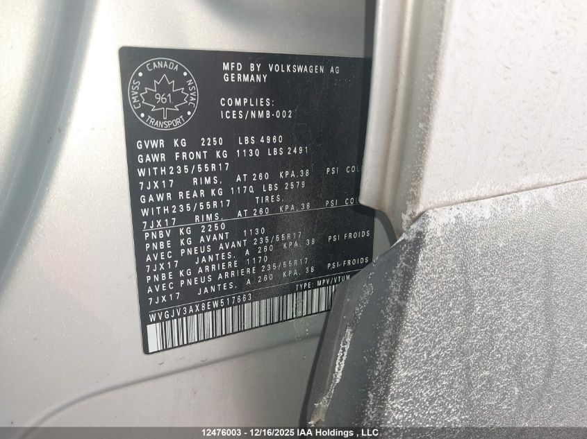 2014 Volkswagen Tiguan Comfortline/Highline/Trendline VIN: WVGJV3AX8EW517663 Lot: 12476003