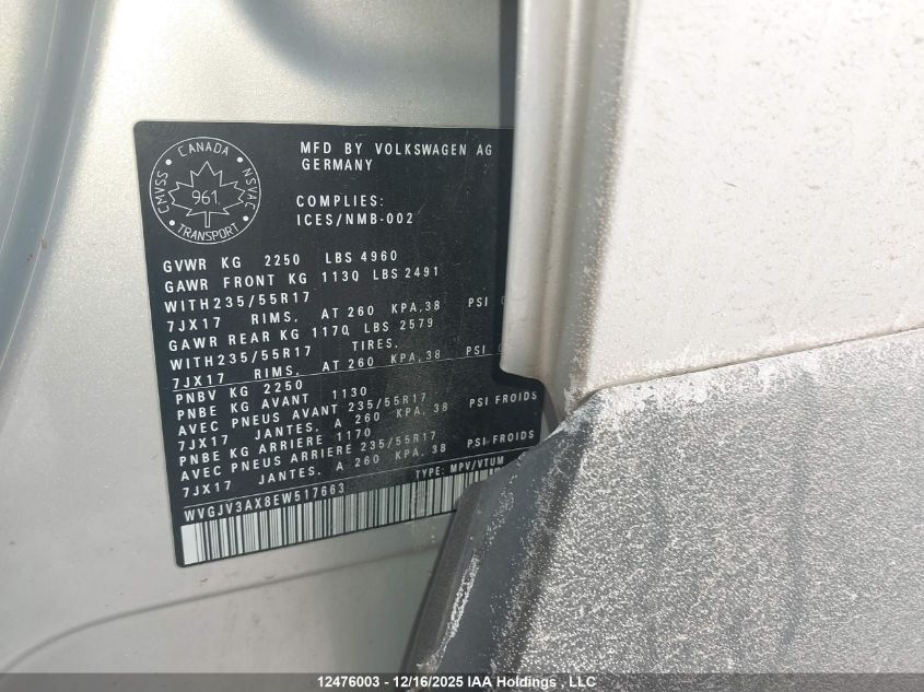2014 Volkswagen Tiguan Comfortline/Highline/Trendline VIN: WVGJV3AX8EW517663 Lot: 12476003