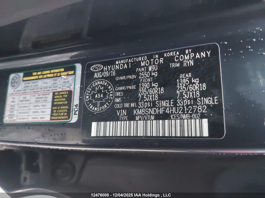 KM8SNDHF4HU212782 2017 HYUNDAI SANTA FE photo no. 9