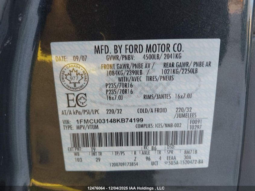 2008 Ford Escape Xlt VIN: 1FMCU03148KB74199 Lot: 12476064