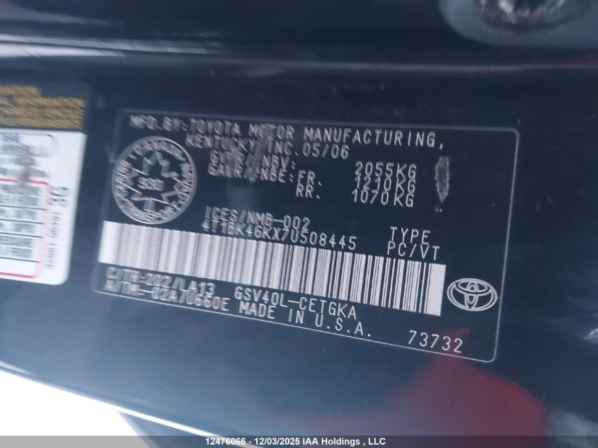 2007 Toyota Camry Le V6/Se V6/Xle V6 VIN: 4T1BK46KX7U508445 Lot: 12476066