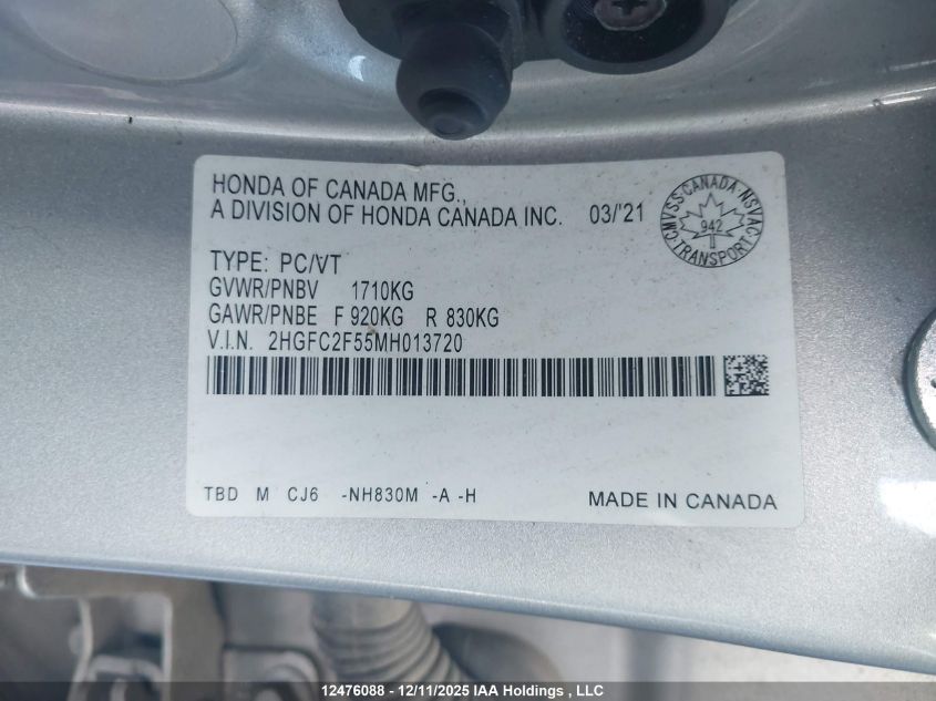 2021 Honda Civic Lx VIN: 2HGFC2F55MH013720 Lot: 12476088