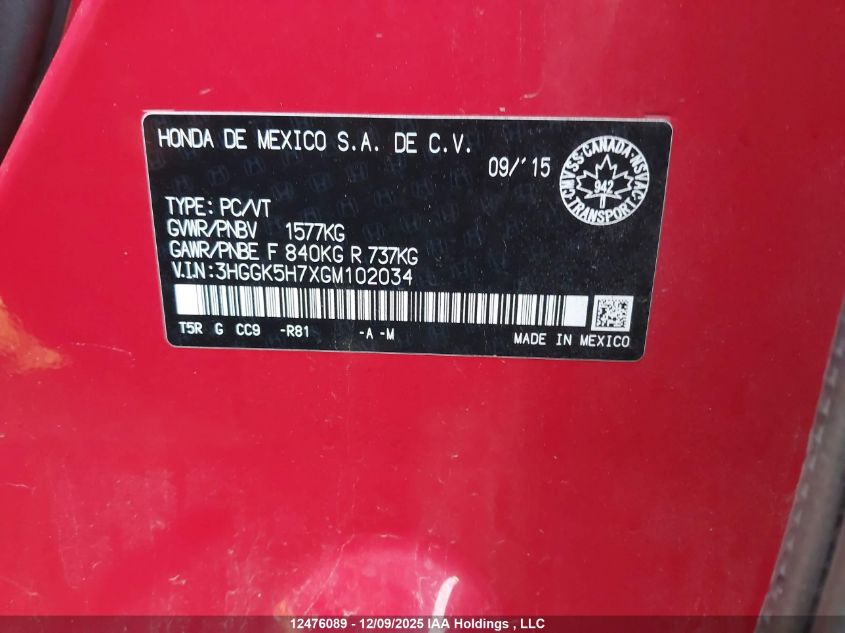 2016 Honda Fit Ex/Exl VIN: 3HGGK5H7XGM102034 Lot: 12476089