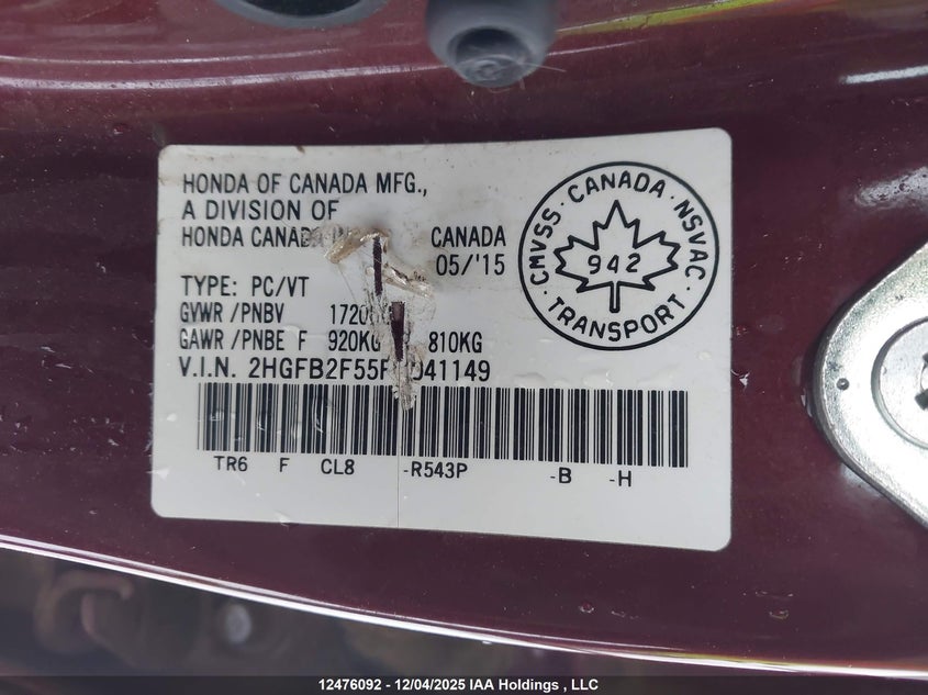 2HGFB2F55FH041149 2015 HONDA CIVIC photo no. 9