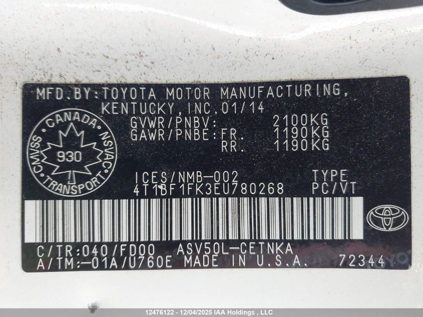 2014 Toyota Camry Le VIN: 4T1BF1FK3EU780268 Lot: 12476122