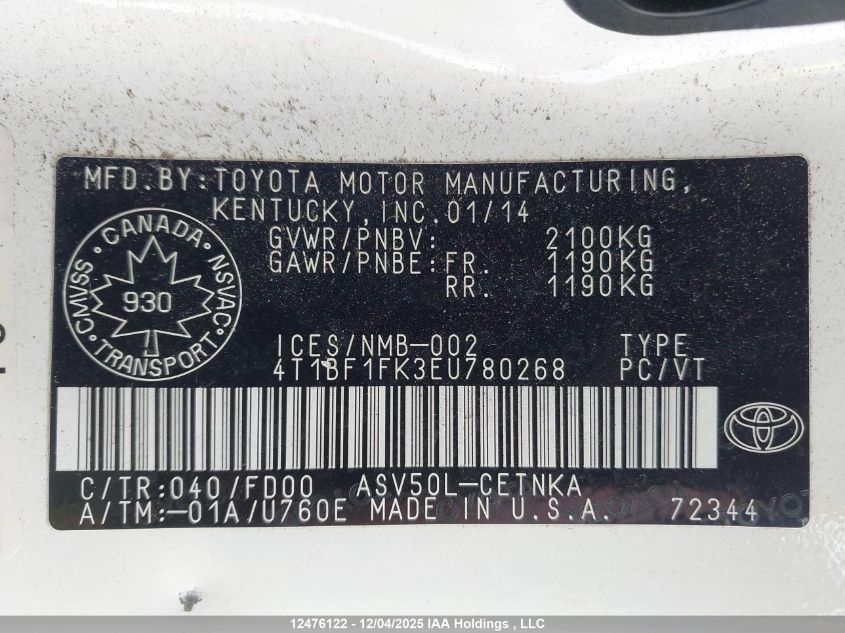 2014 Toyota Camry Le VIN: 4T1BF1FK3EU780268 Lot: 12476122