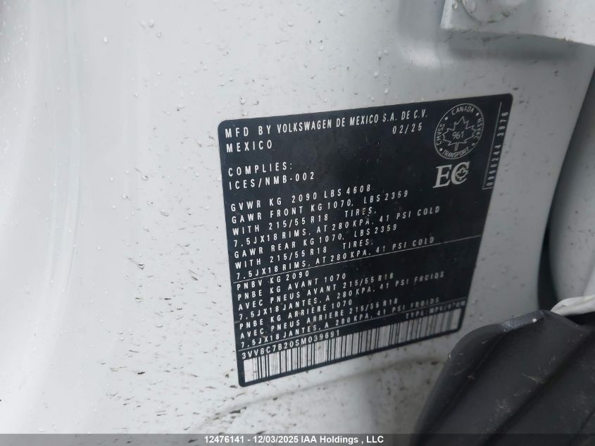 2025 Volkswagen Taos Trendline VIN: 3VV8C7B20SM039691 Lot: 12476141