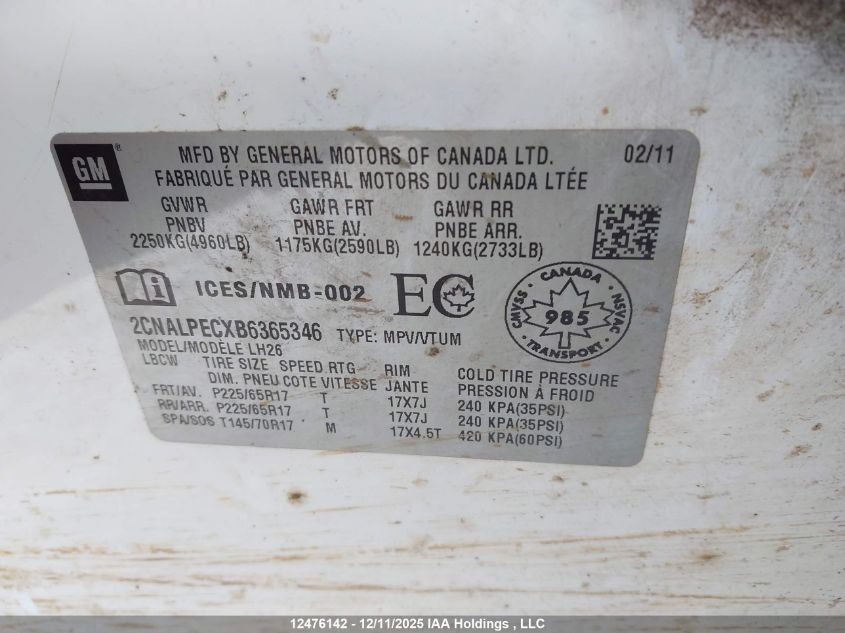 2011 Chevrolet Equinox VIN: 2CNALPECXB6365346 Lot: 12476142