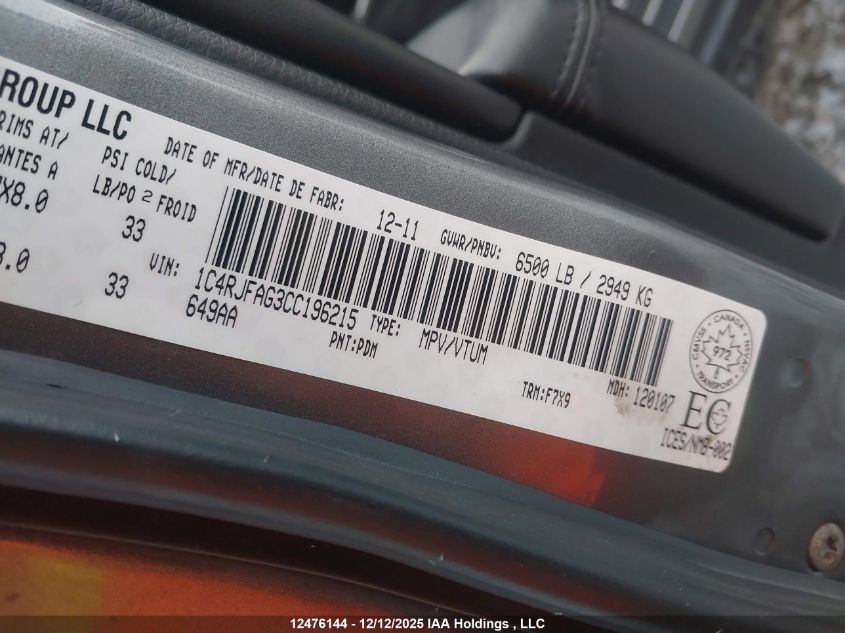 2012 Jeep Grand Cherokee Laredo VIN: 1C4RJFAG3CC196215 Lot: 12476144