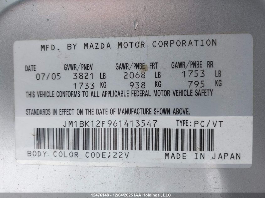 2006 Mazda 3 I VIN: JM1BK12F961413547 Lot: 12476148