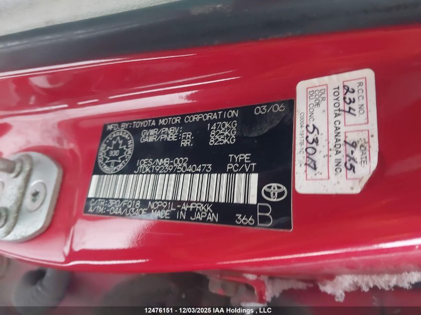 2007 Toyota Yaris VIN: JTDKT923975040473 Lot: 12476151