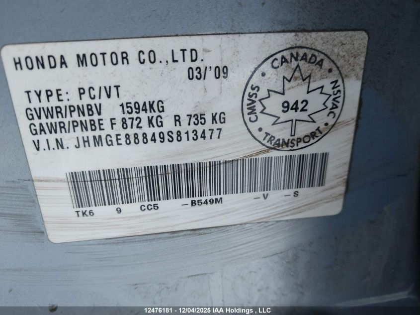 2009 Honda Fit Sport VIN: JHMGE88849S813477 Lot: 12476181