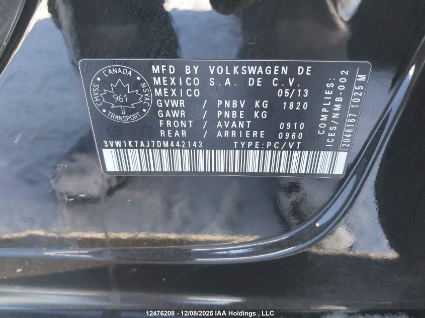 2013 Volkswagen Jetta VIN: 3VW1K7AJ7DM442143 Lot: 12476208