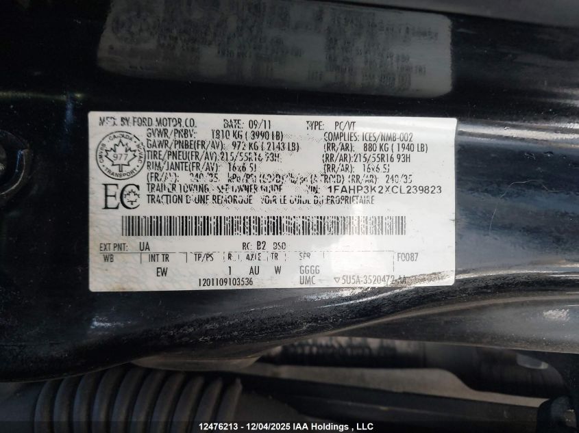 2012 Ford Focus VIN: 1FAHP3K2XCL239823 Lot: 12476213