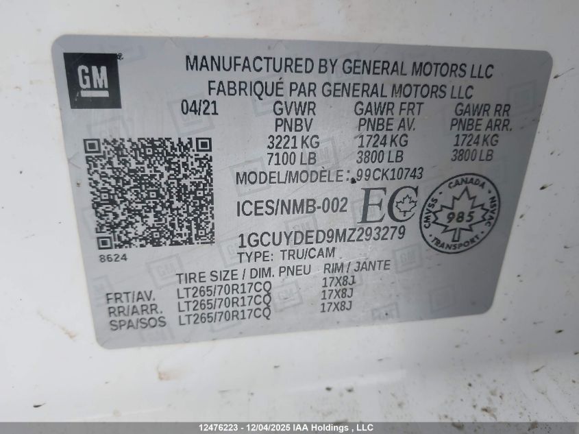 2021 Chevrolet Silverado K1500 Lt VIN: 1GCUYDED9MZ293279 Lot: 12476223