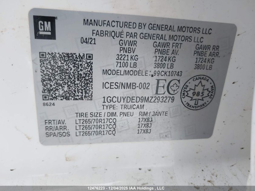 2021 Chevrolet Silverado K1500 Lt VIN: 1GCUYDED9MZ293279 Lot: 12476223