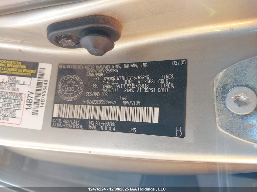 5TDZA23C05S309624 2005 TOYOTA SIENNA photo no. 9