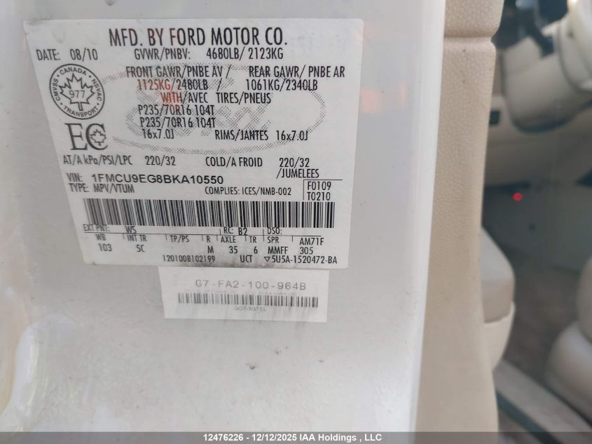 2011 Ford Escape Limited VIN: 1FMCU9EG8BKA10550 Lot: 12476226