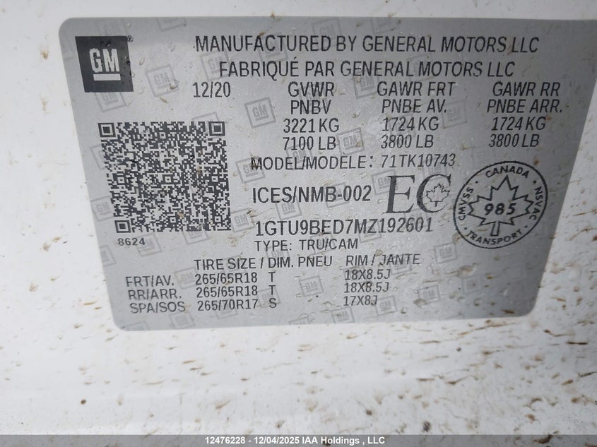 1GTU9BED7MZ192601 2021 GMC SIERRA photo no. 9
