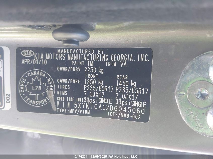 2011 Kia Sorento Lx VIN: 5XYKTCA12BG045060 Lot: 12476231