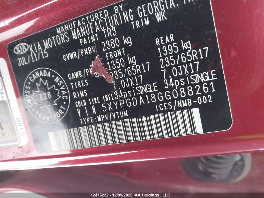 2016 Kia Sorento 2.0L Ex/2.0L Lx+ VIN: 5XYPGDA18GG088261 Lot: 12476232