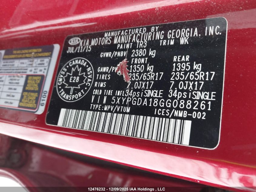 2016 Kia Sorento 2.0L Ex/2.0L Lx+ VIN: 5XYPGDA18GG088261 Lot: 12476232