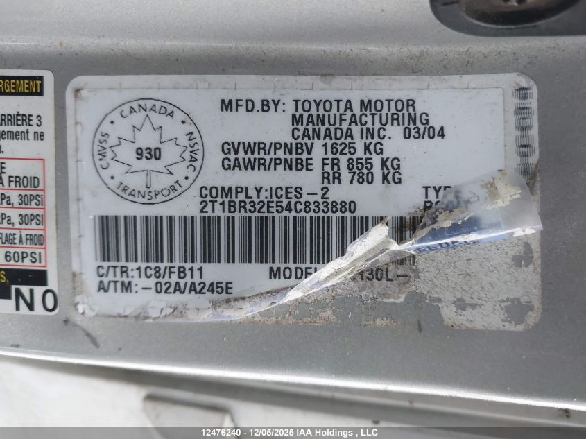 2004 Toyota Corolla Ce/Le/Sport VIN: 2T1BR32E54C833880 Lot: 12476240