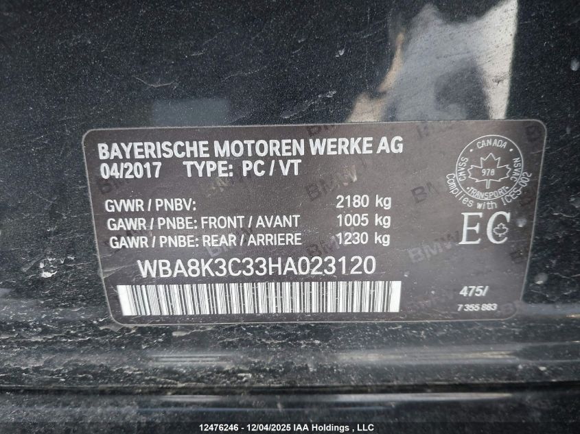 2017 BMW 330I xDrive Touring VIN: WBA8K3C33HA023120 Lot: 12476246