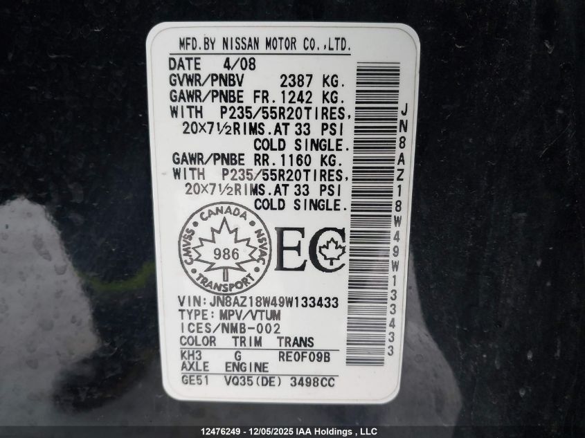 2009 Nissan Murano Le VIN: JN8AZ18W49W133433 Lot: 12476249