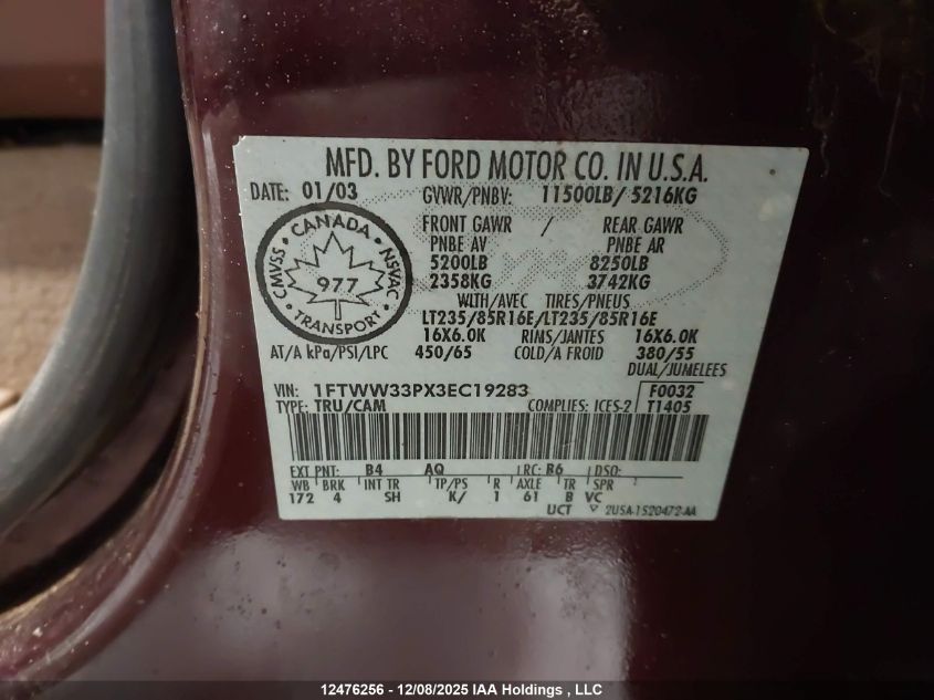 2003 Ford F-350 Lariat/Xl/Xlt VIN: 1FTWW33PX3EC19283 Lot: 12476256