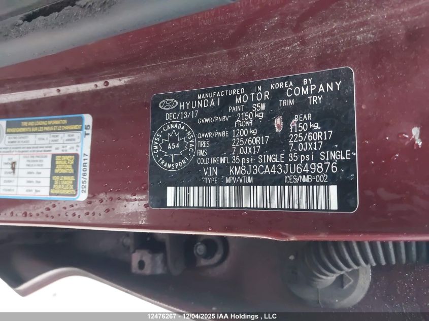 2018 Hyundai Tucson Premium 2.0L VIN: KM8J3CA43JU649876 Lot: 12476267