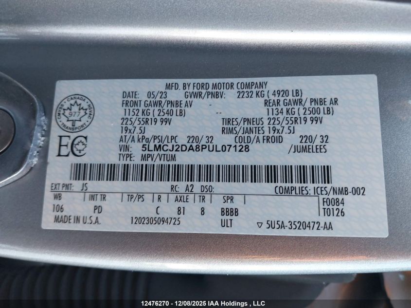 2023 Lincoln Corsair Reserve VIN: 5LMCJ2DA8PUL07128 Lot: 12476270