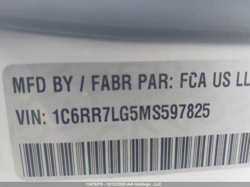 2021 Ram 1500 Classic Slt VIN: 1C6RR7LG5MS597825 Lot: 12476278