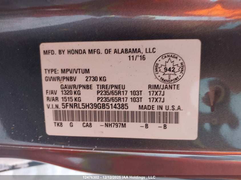 5FNRL5H39GB514385 2016 HONDA ODYSSEY photo no. 9