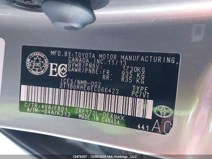 2014 Toyota Corolla VIN: 2T1BURHE6EC066423 Lot: 12476307