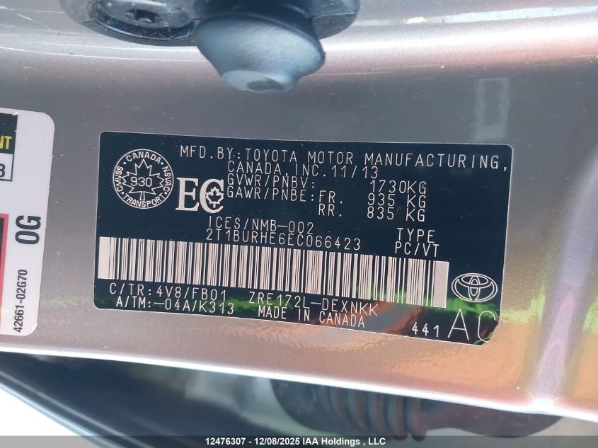 2014 Toyota Corolla VIN: 2T1BURHE6EC066423 Lot: 12476307