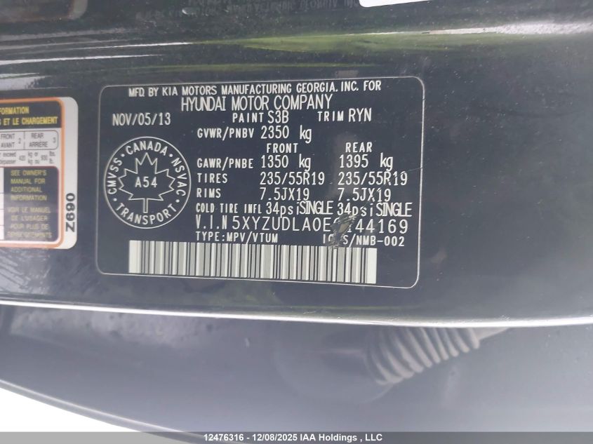 2014 Hyundai Santa Fe VIN: 5XYZUDLA0EG144169 Lot: 12476316