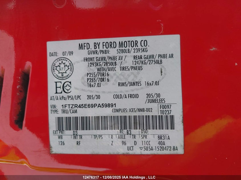 1FTZR45E69PA59891 2009 FORD RANGER photo no. 9