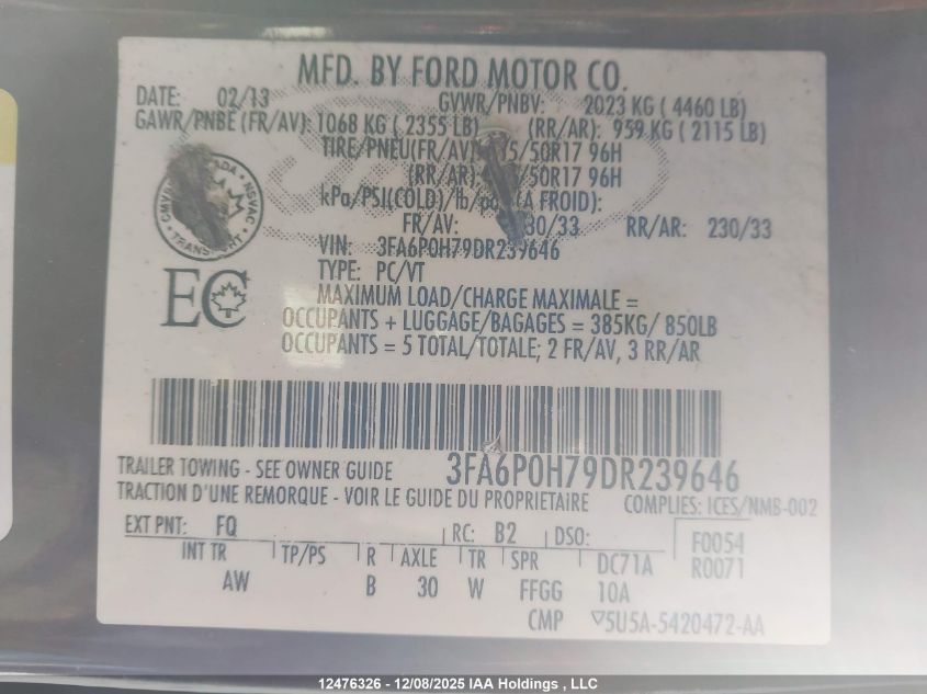 2013 Ford Fusion VIN: 3FA6P0H79DR239646 Lot: 12476326